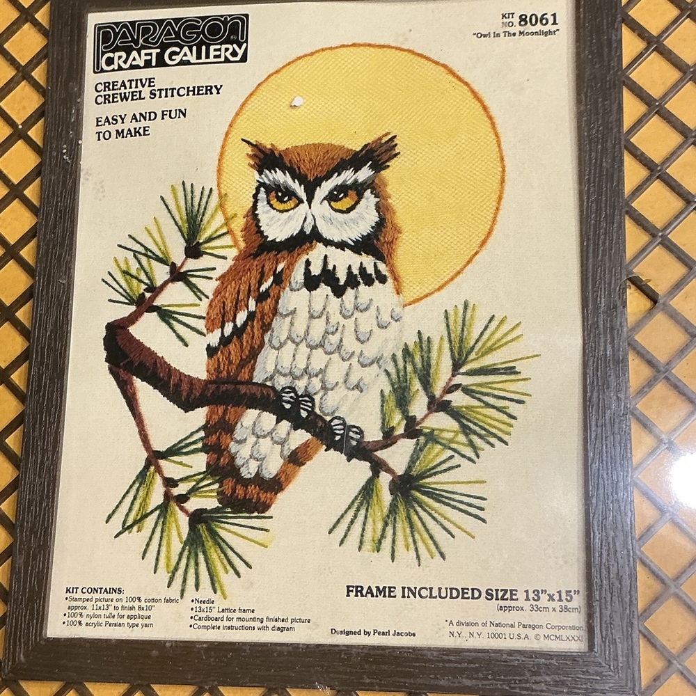 1981 Paragon Craft Gallery Crewel Kit 8061 Owl in the Moonlight Frame Included - Picture 2 of 3